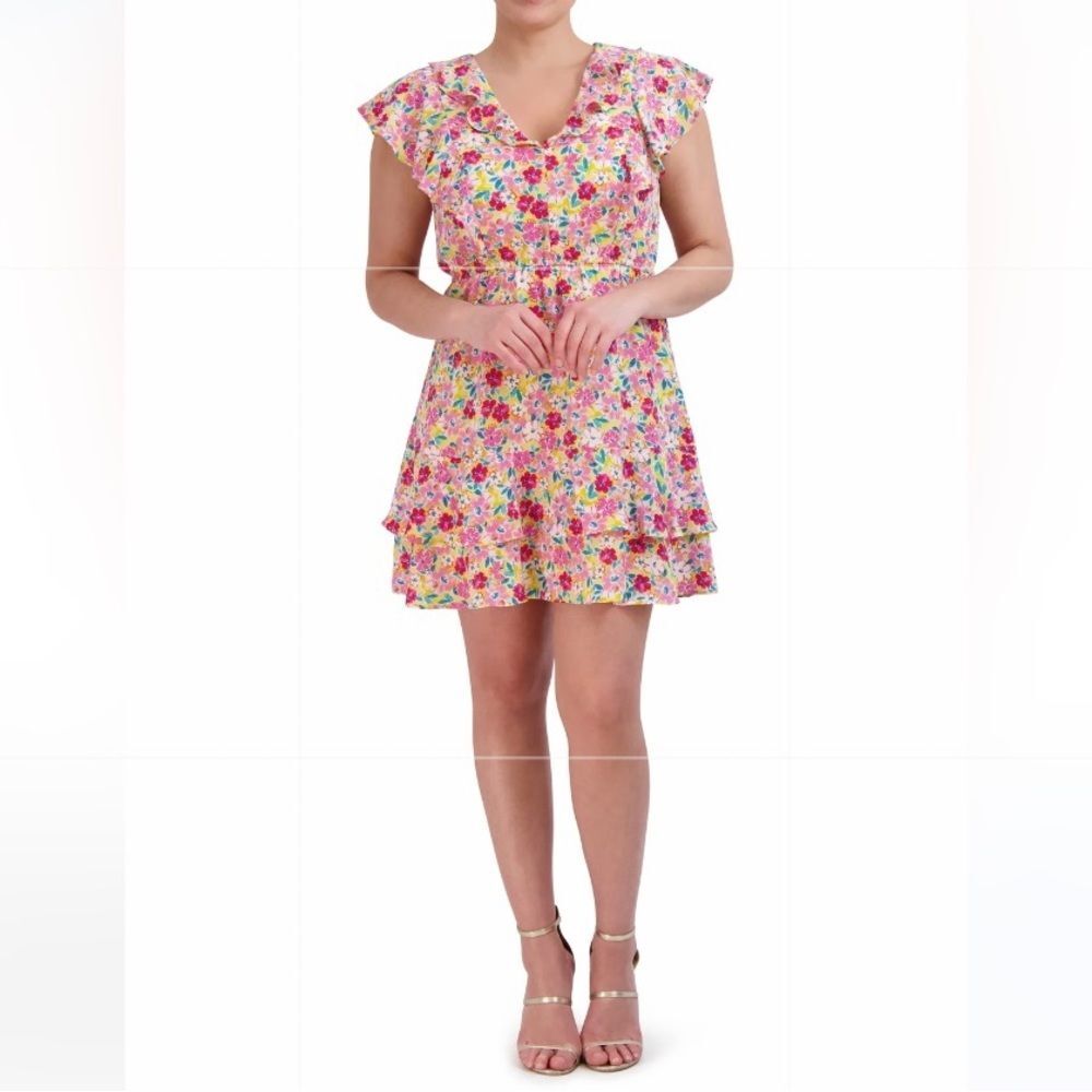 BCBG Paris Spring Floral Ruffle Yellow, White, Red & Pink  Mini Dress